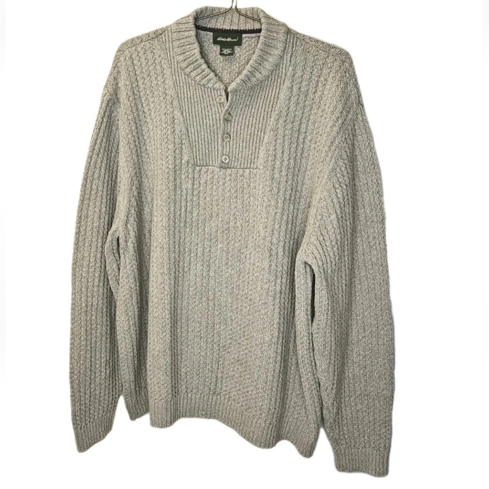 Vintage 80s Eddie Bauer Cable Knit Henley Sweater Men 3X Taupey Gray Qtr Button